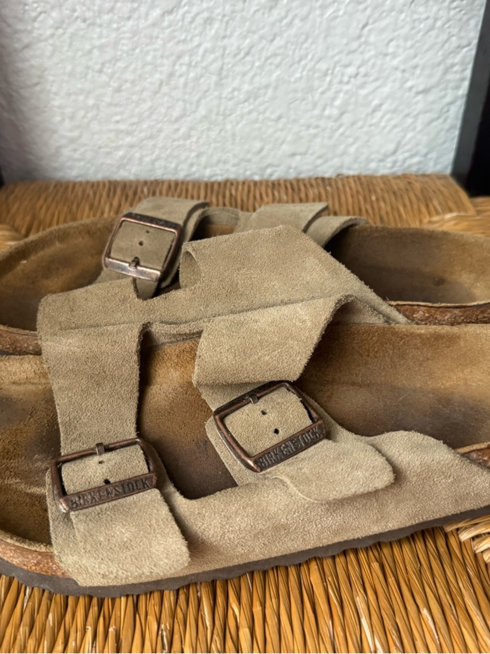Birkenstock Arizona Suede Two-Strap Sandals in Taupe